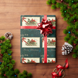 Papel De Presente Trenó de Natal Vintage, Folhas de Visco Flocos de