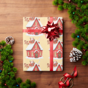 Papel De Presente Trenó do Papai Noel e Casa Vermelha encantadores