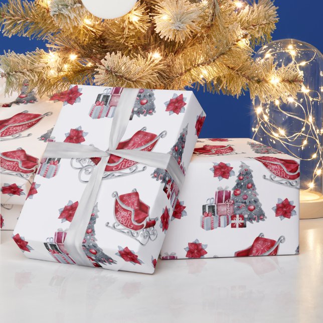 Papel De Presente Trenó Vermelho Aguarela, Árvore de Natal, Presente (Feriados)