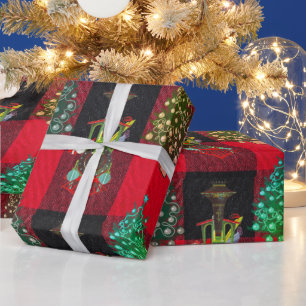 Papel De Presente Trens e Árvores de Natal em Xadrez Preto Vermelho