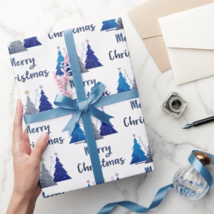 Papel De Presente Três árvore de natal reluzente com feliz estelar