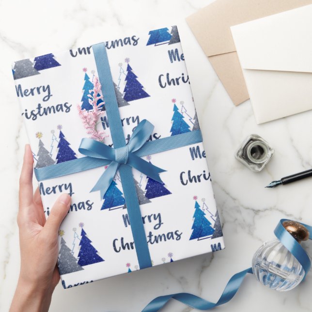 Papel De Presente Três árvore de natal reluzente com feliz estelar (Presentear)