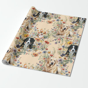 Papel De Presente Três Cães em Flores Silvestres Sem Costura 