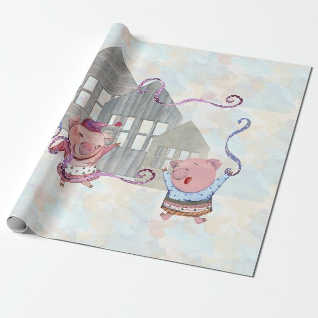 Papel De Presente Três Pequenos Porcos com suas Casas (Desenrolado)