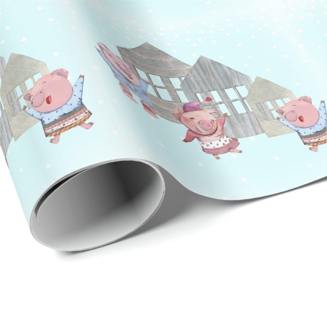 Papel De Presente Três Pequenos Porcos com suas Casas (Ponta do rolo)