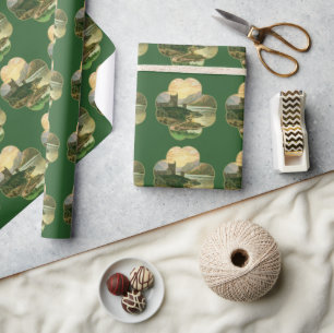 Papel De Presente Trevo da Sorte Dourado Vintage com um Castelo Irla