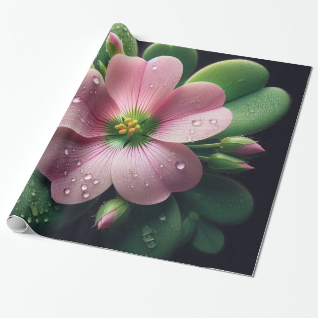 Papel De Presente Trevo Floral Rosa e Verde Oxalis (Desenrolado)