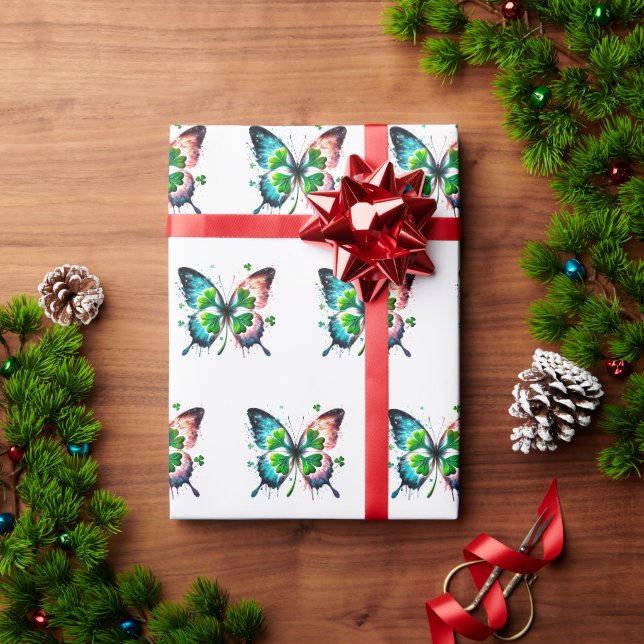 Papel De Presente Trevo sortudo com borboleta (Presente de Natal)
