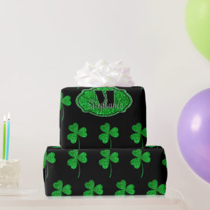 Papel De Presente Trevos Brilhantes Verdes Monogramados St Patrick