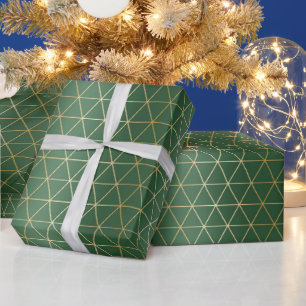 Papel De Presente Triângulo Verde Dourado Natal Geométrico