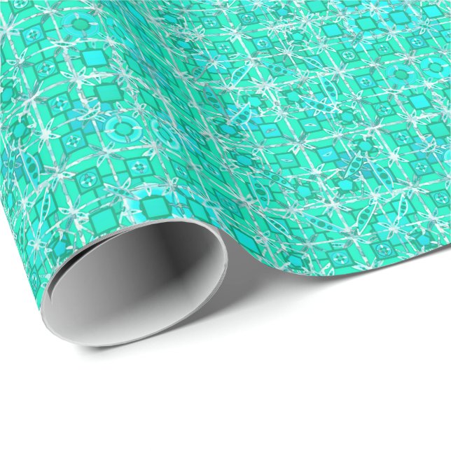 Papel De Presente Tribal Batik - aqua e turquesa com branco (Ponta do rolo)
