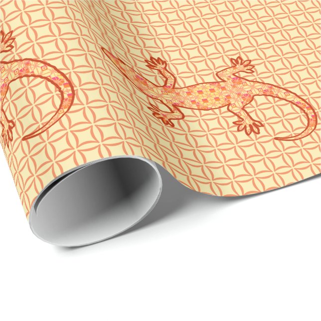 Papel De Presente Tribal batik Gecko - coral e laranja claro (Ponta do rolo)