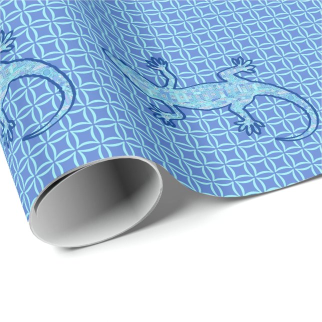 Papel De Presente Tribal batik Gecko - pasta azul denim (Ponta do rolo)