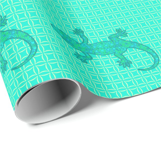 Papel De Presente Tribal batik Gecko - turquesa / pavão (Ponta do rolo)