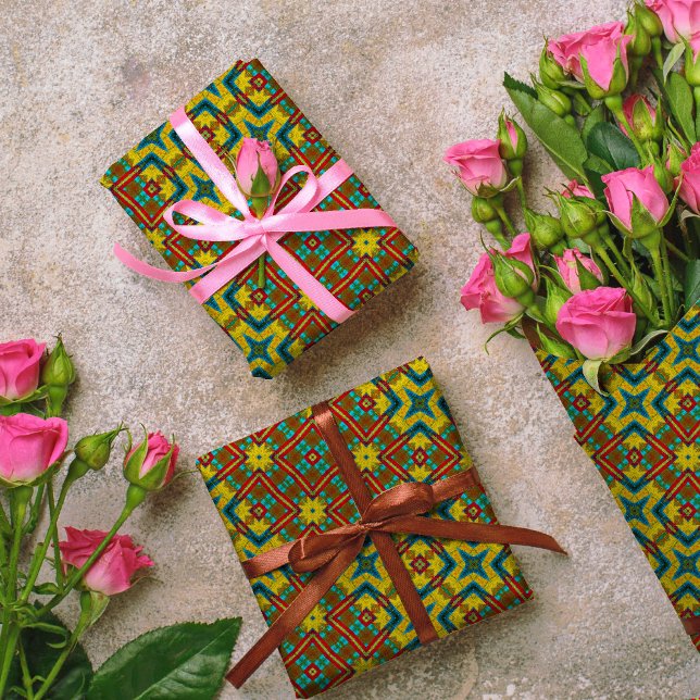 Papel De Presente Tribal Geométrico Azul Amarelo Amarelo Azul legal (Criador carregado)