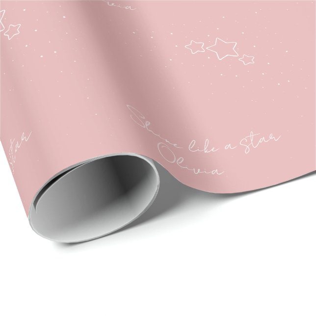 Papel De Presente Trio de Estrelas em Rosa e Branco com mensagem e n (Ponta do rolo)
