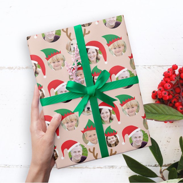 Papel De Presente Tripulação de Natal Personalizada com Seis Fotogra (Six faces of your choice in a scattered pattern wearing Santa and elf hats and reindeer antlers)