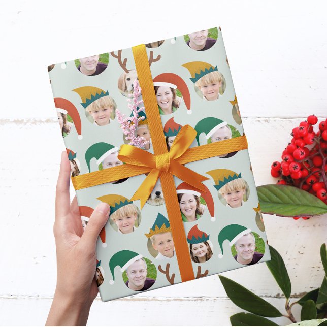 Papel De Presente Tripulação de Natal Personalizada com Seis Fotogra (six of your photos get festive with reindeer antlers, Santa and elf hats on a pale green background)