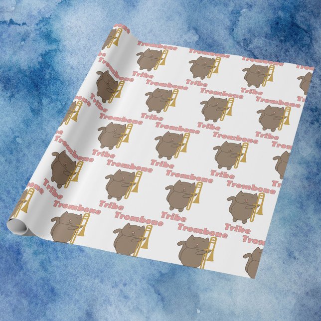 Papel De Presente Trombone Tribe Cute Kitty Cat Pink (Wrapping paper with a pattern of brown cats with trombones & the words trombone tribe in pink.)