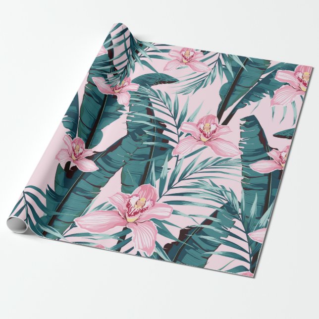 Papel De Presente Tropic summer painting seamless pattern with palm  (Desenrolado)