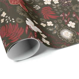 Papel De Presente Tropical Christmas Red Sage Black Hibiscus Floral