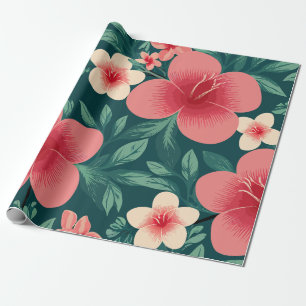 Papel De Presente Tropical com Red e Cream Hibiscus