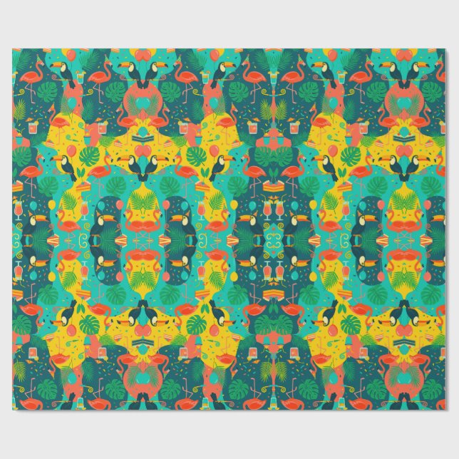 Papel De Presente Tropical Fiesta Tucano & Flamingo (Aberto)