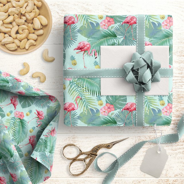 Papel De Presente Tropical Flamingo, Palms, Pineapple Pattern ID926 (Criador carregado)