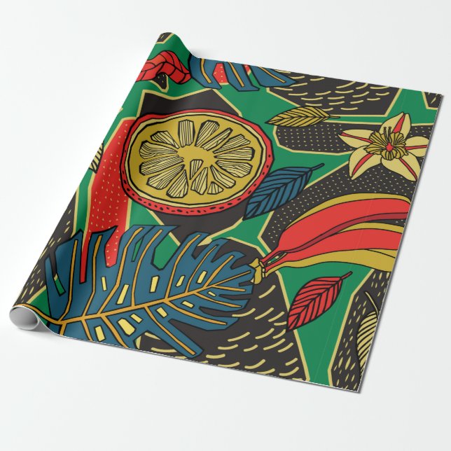 Papel De Presente Tropical floral pattern in doodle style with fruit (Desenrolado)