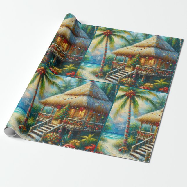 Papel De Presente Tropical Hut Christmas Palm Tree Beach Decoupage (Desenrolado)