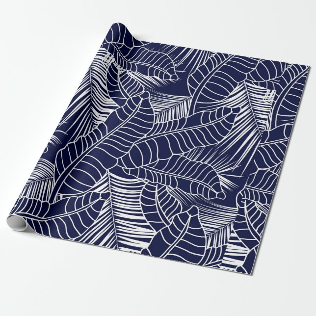 Papel De Presente tropical leaf pattern on the navy blue background (Desenrolado)