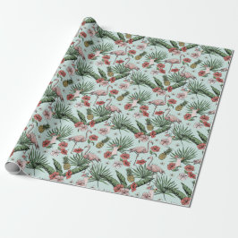 Papel De Presente Tropical Mint Flamingo Floral