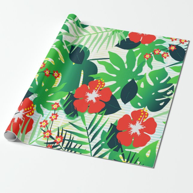 Papel De Presente Tropical Orange Hibiscus Green Monstera Folhas (Desenrolado)