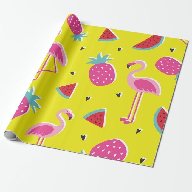 Papel De Presente  tropical patternwith pink pineapple, flamingos, w (Desenrolado)