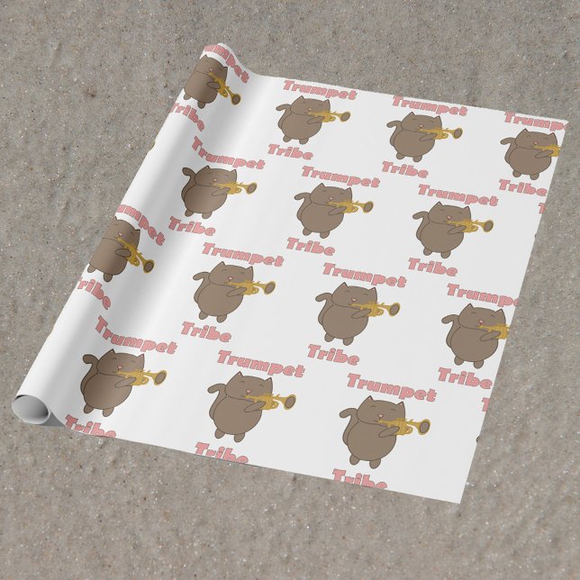 Papel De Presente Trumpet Tribe Brown Cat Pink (Wrapping paper with a pattern featuring a cat playing the trumpet and the text trumpet tribe.)