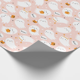 Papel De Presente Truque ou trate fantasmas com abóboras a rosa