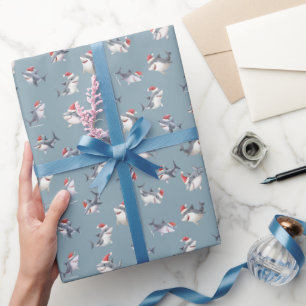 Papel De Presente Tubaraões de Natal Jogados em Cinza Claro-Azul