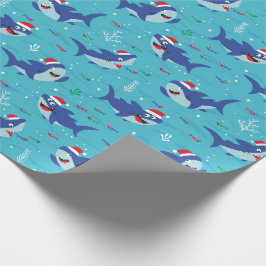 Papel De Presente Tubarões de Natal Feliz e Bonitos a azul