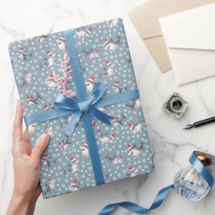Papel De Presente Tubarões de Natal & Flocos de Neve em Cinza-Claro-