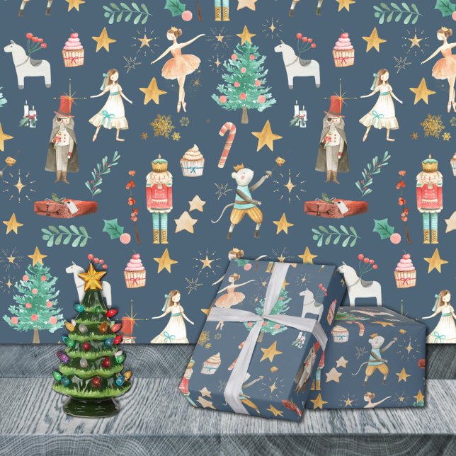 Papel De Presente Tudo Nutcracker Natal Azul (Everything Nutcracker Christmas Dusk Blue Holiday Gift Wrapping Paper Rolls. Available in 6 colours.)