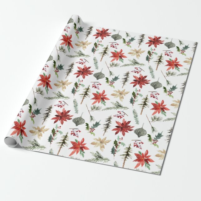 Papel De Presente Tudo Poinsettias Holly & Pine (Desenrolado)