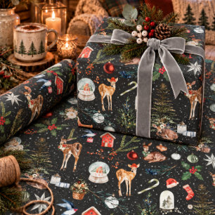 Papel De Presente Tudo Rena de Natal Azevinho Estrelas Preto