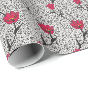 Papel De Presente Tulipa Art Nouveau Damask, Cinza e Vermelho