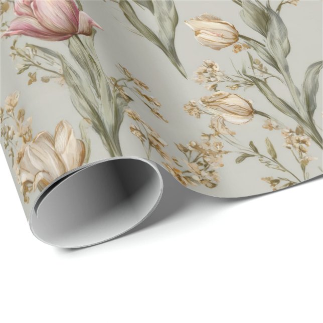 Papel De Presente Tulipa Cinza Vintage (Ponta do rolo)