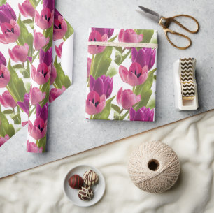 Papel De Presente Tulipa Floral Água-forte Roxa e Rosa na Primavera