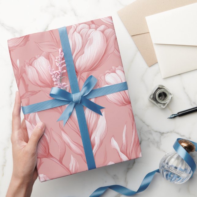 Papel De Presente Tulipa Rosa Suave Padrão Floral Branco (Presentear)