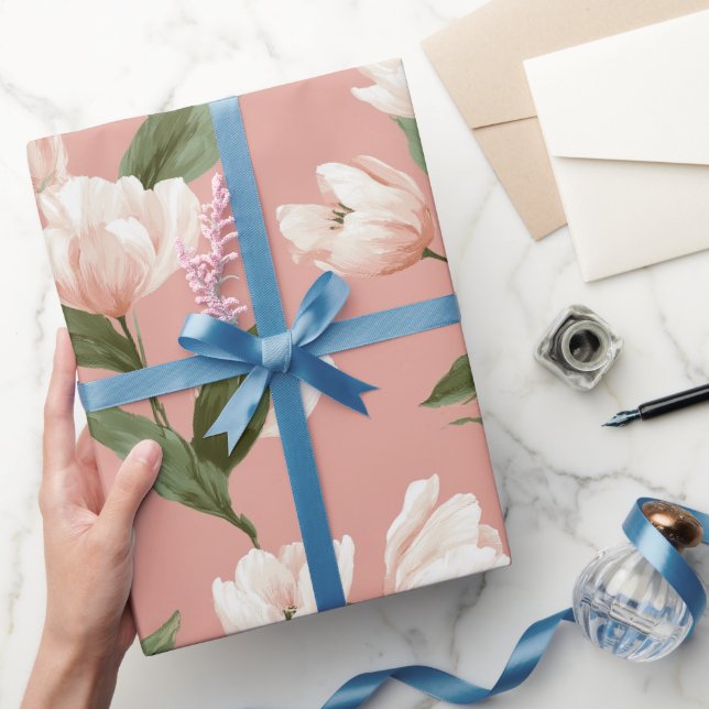 Papel De Presente Tulipa Rosa Suave Padrão Floral Branco (Presentear)