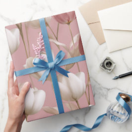 Papel De Presente Tulipa Rosa Suave Padrão Floral Branco