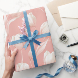 Papel De Presente Tulipa Rosa Suave Padrão Floral Branco