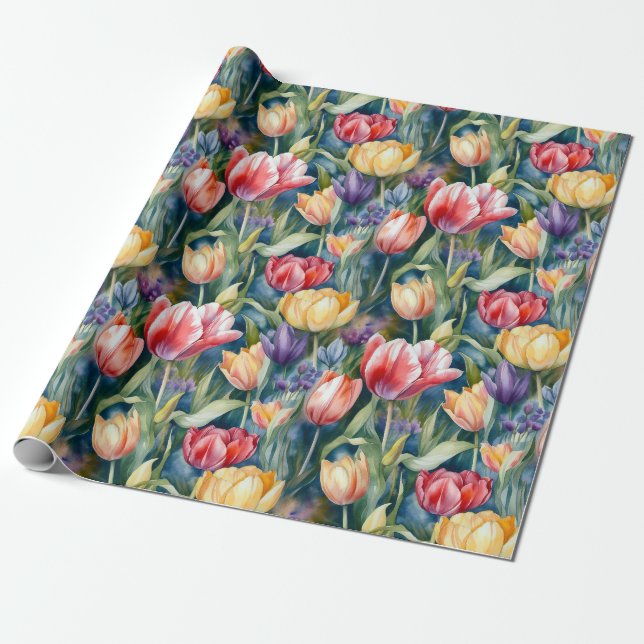Papel De Presente Tulipas de Aquarela (Vívido) (Desenrolado)